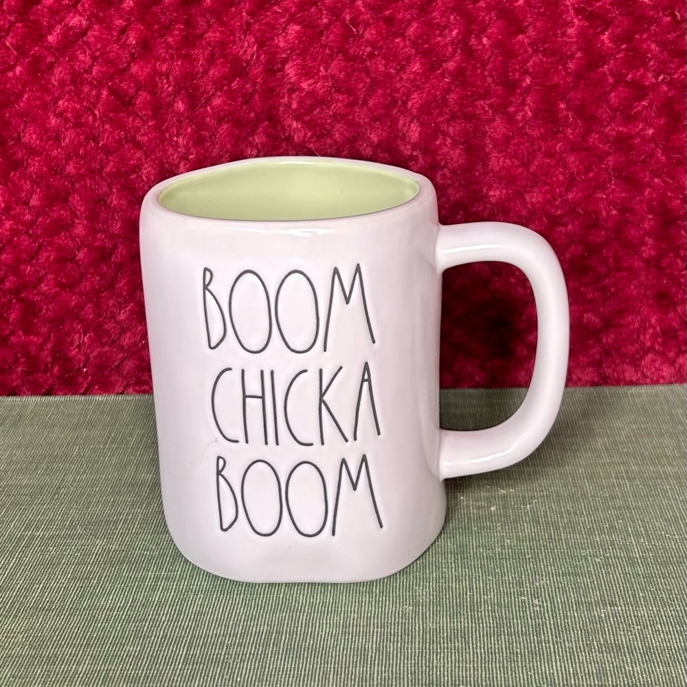 Rae Dunn Artisan Collection Ceramic Mug “Boom Chicka Boom” white and green